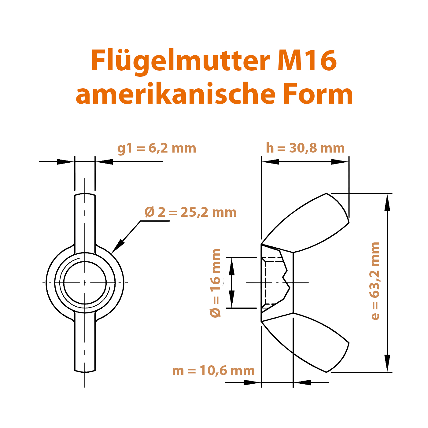 Technische Zeichnung mit allen Abmessungen der amerikanischen Flügelmutter M16