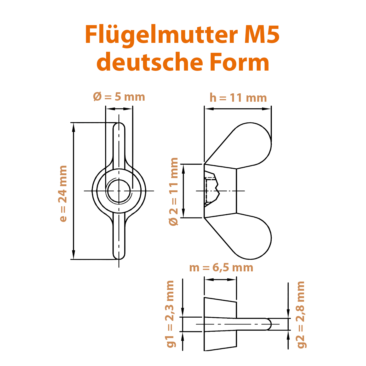 Datenblatt der Flügelmutter mit M5 Gewinde aus Edelstahl