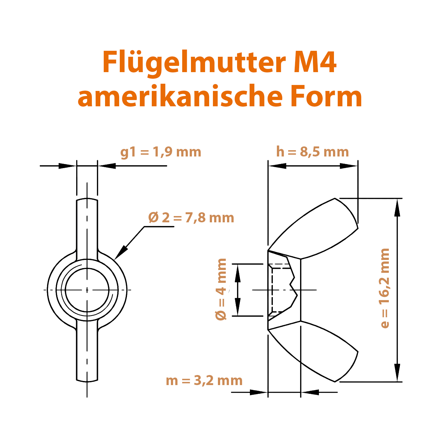 Technische Zeichnung zur M4 Flügelmutter (amerikanische Ausführung)