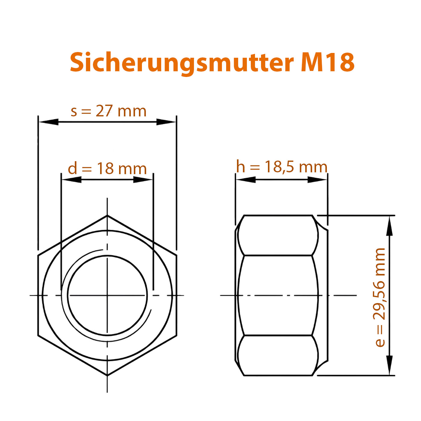 Selbstsichernde Mutter M18 - detaillierte Maße