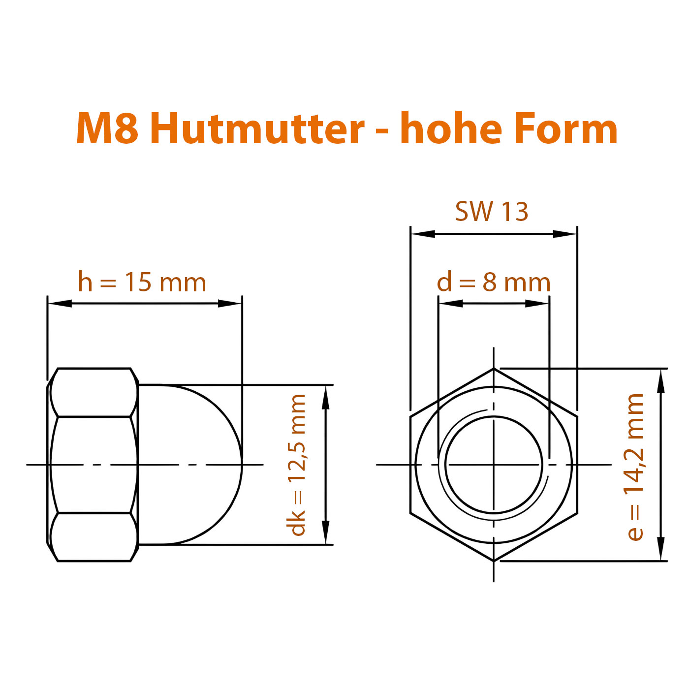 Technische Zeichnung mit allen Maßen der Hutmutter M8