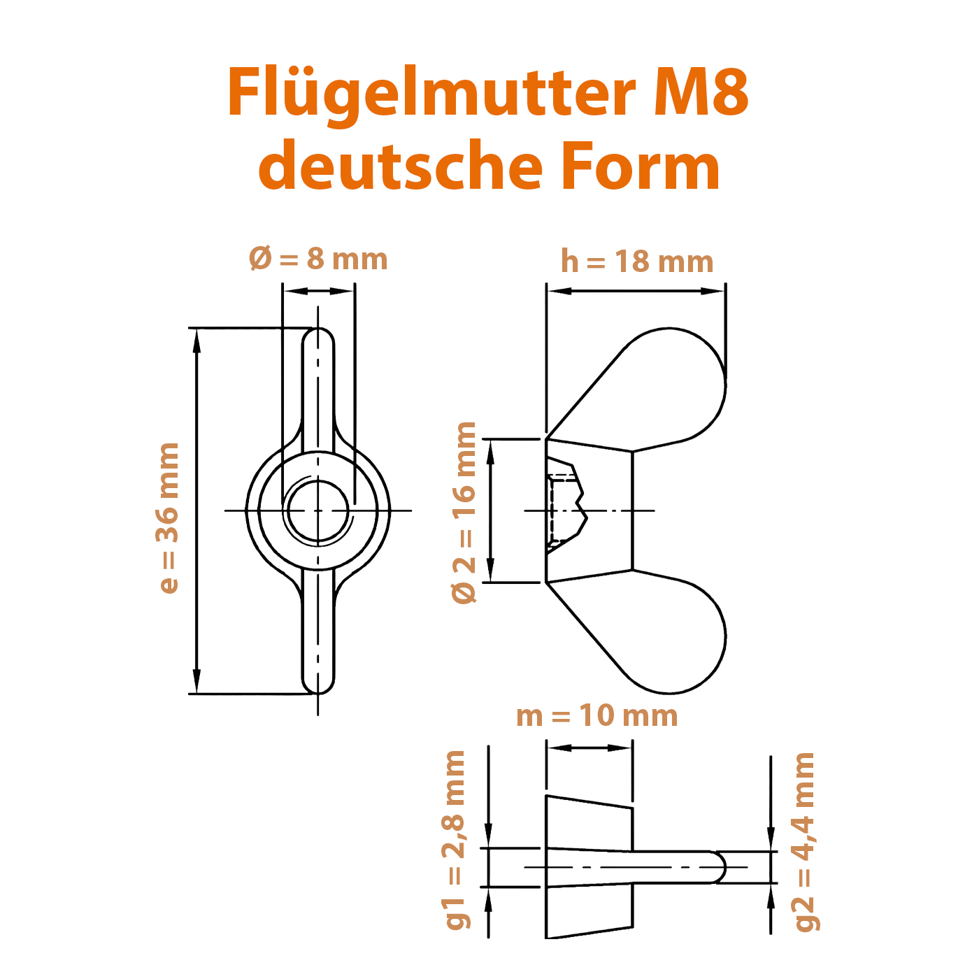 Technisches Datenblatt zur Flügelmutter mit M8 Gewinde
