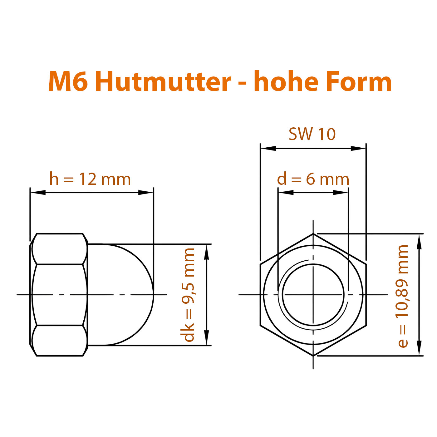 Zeichnung mit allen Maßen der M6 Hutmutter