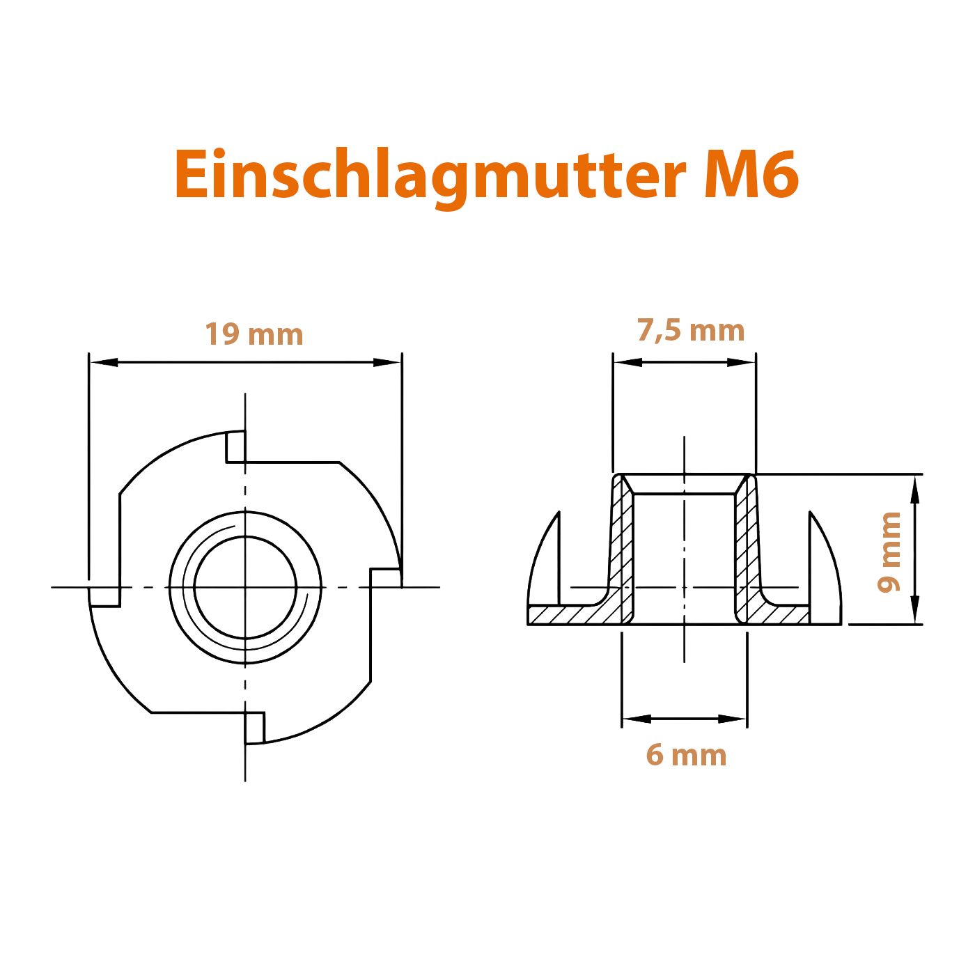 Edelstahl Einschlagmutter M6