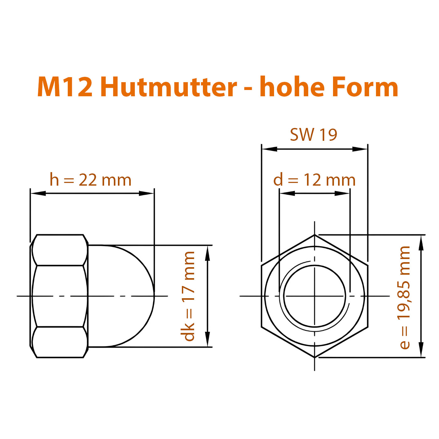 Maße zur M12 Hutmutter aus A2 Edelstahl