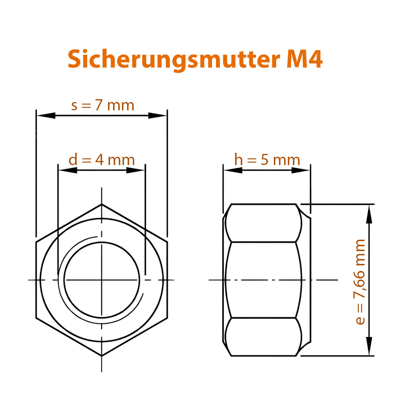Technische Zeichnung zur M4 Mutter in der selbstsichernden Ausführung