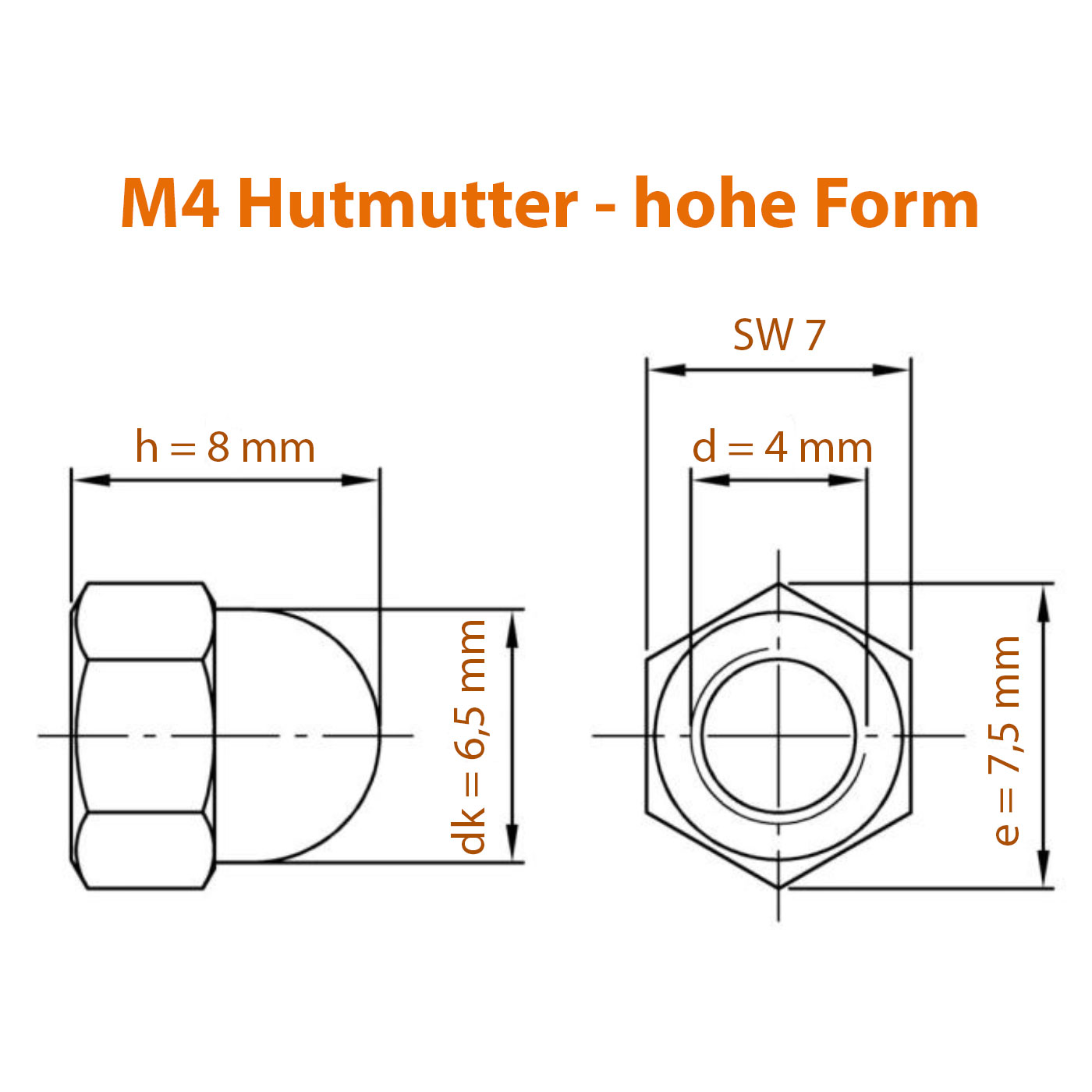 Technische Zeichnung zur M4 Hutmutter in der hohen Ausführung