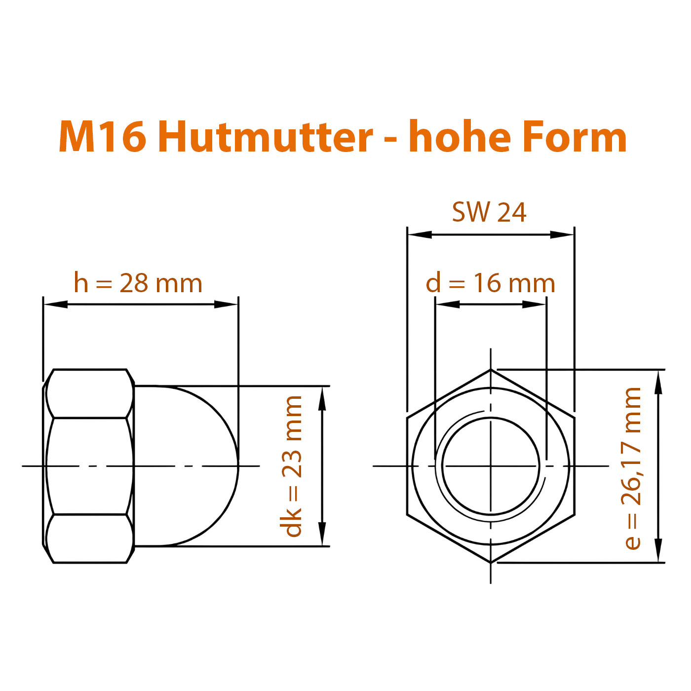 Hutmutter M16 - Maße