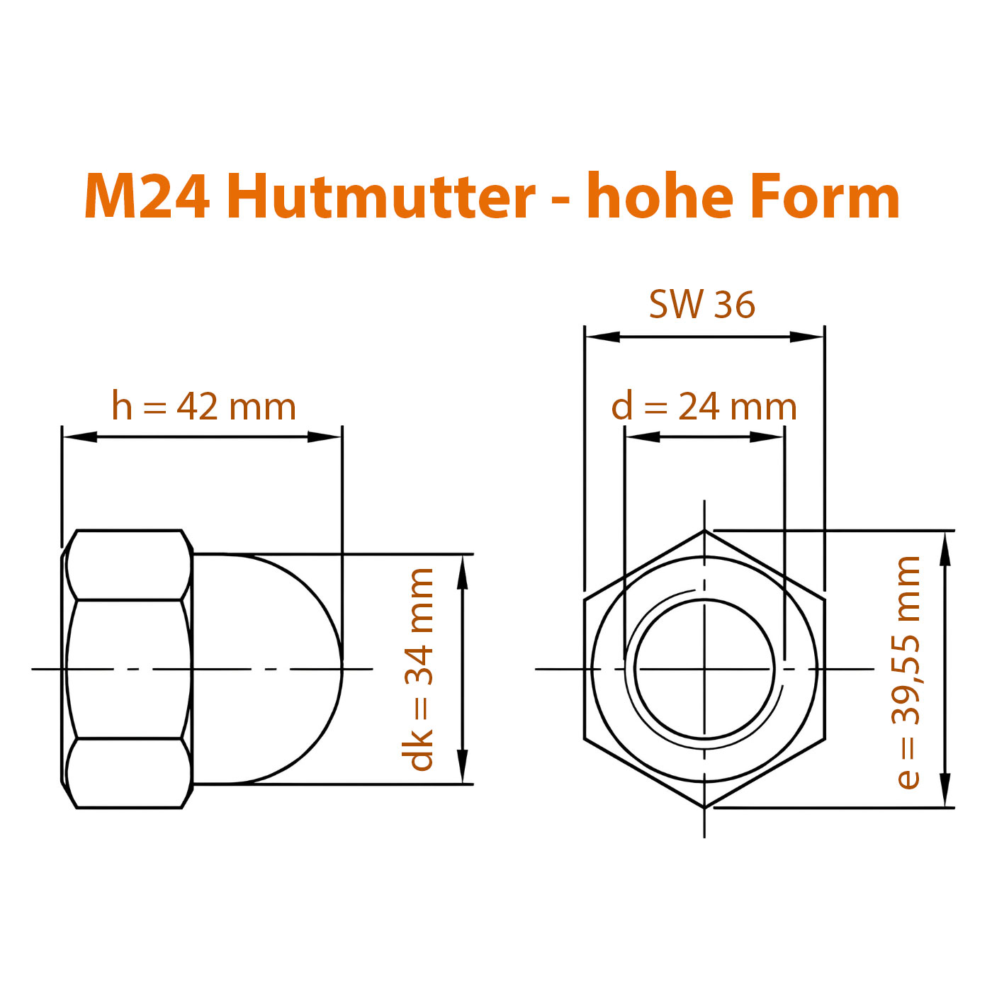 Detaillierte Maße zur M24 Hutmutter nach DIN 1587