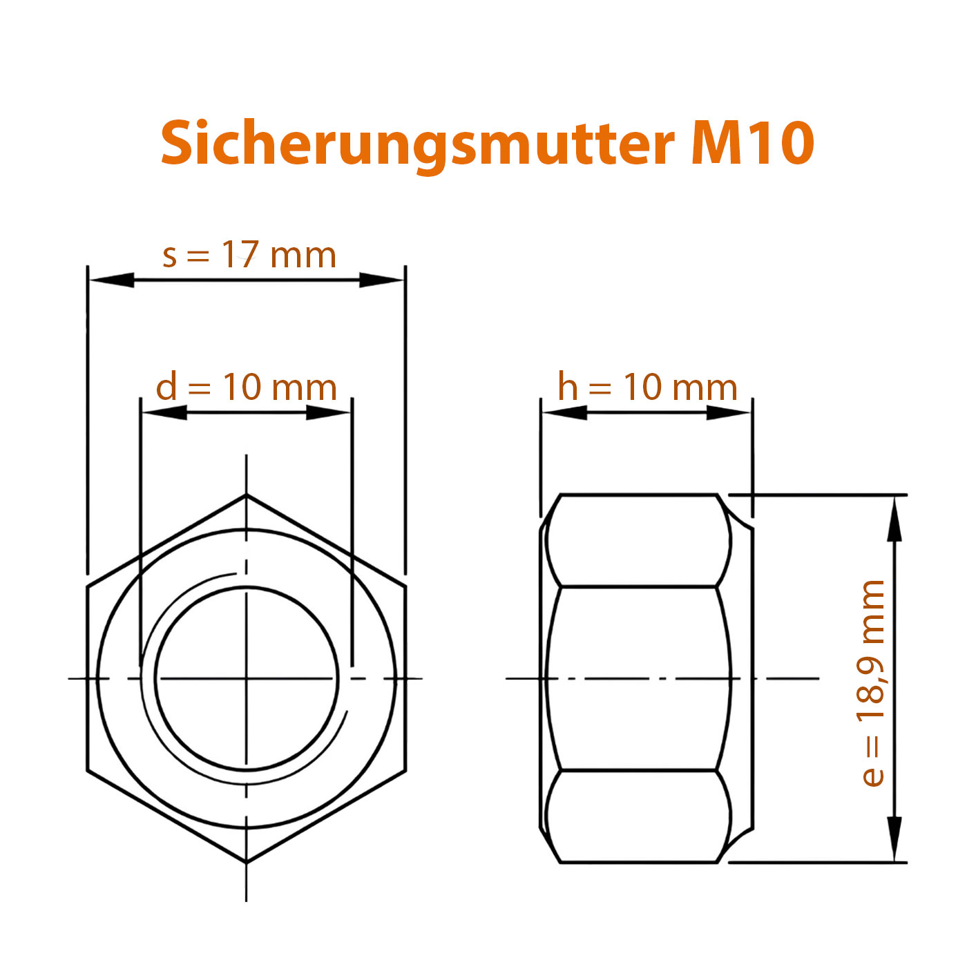 Technische Zeichnung zur M10 Edelstahl Mutter selbstsichern