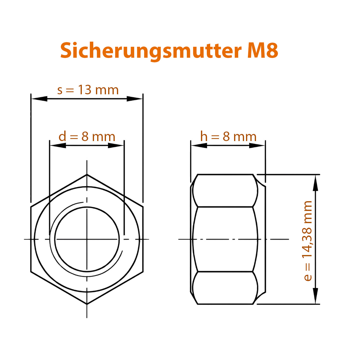 Maße zur Sicherungsmutter M8 aus Edelstahl