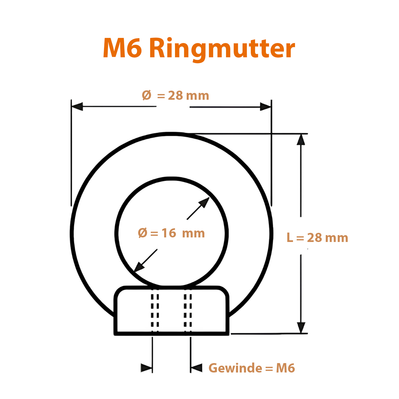 Maßzeichnung zur M6 Ringmutter aus Edelstahl V2A