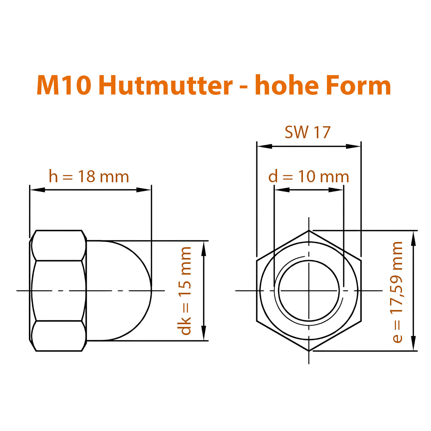 Maße zur M10 Hutmutter in der hohen Ausführung