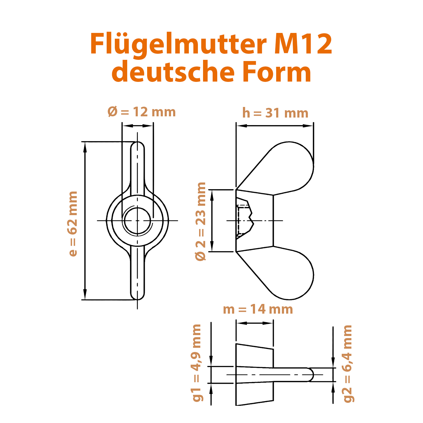 Datenblatt mit allen Maßen zur Edelstahl M12 Flügelmutter