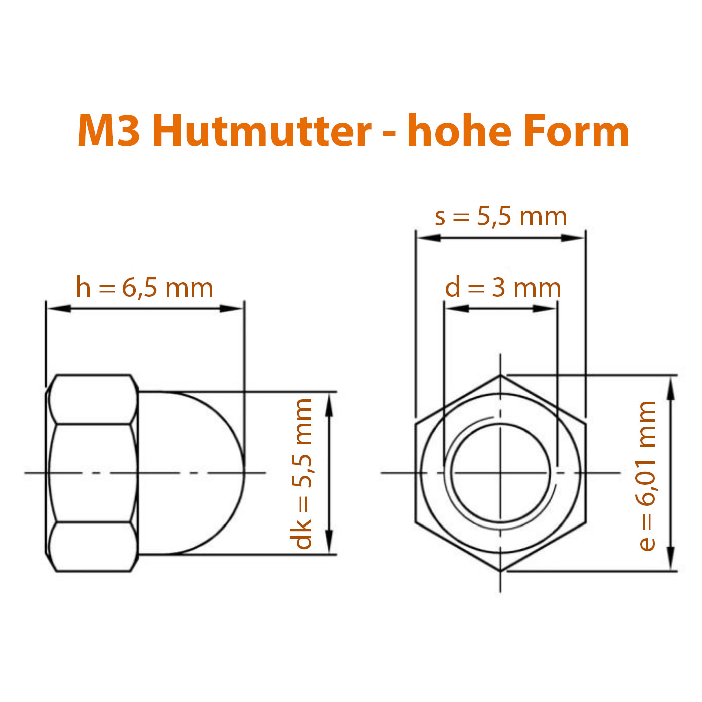 Datenblatt zur Hutmutter M3 mit allen detaillierten Maßen